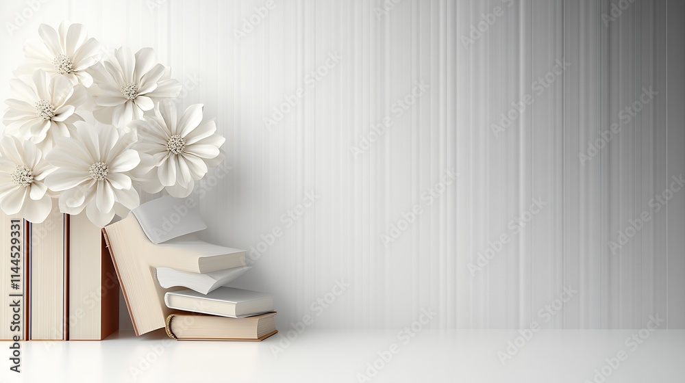 Poster sophisticated white floral arrangement on books with elegant grey gradient background : generative a