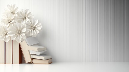 Sophisticated White Floral Arrangement on Books with Elegant Grey Gradient Background : Generative AI