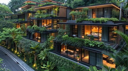Modern hillside residences with lush greenery and warm lighting.
