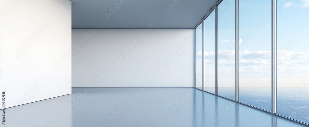 Poster modern minimalist empty office with panoramic windows overlooking blue sky and ocean : generative ai