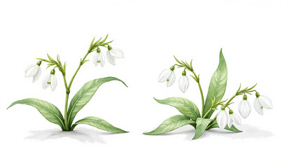 Delicate white snowdrop flowers and green leaves on a clean background for copy space