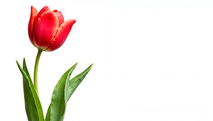 Fototapeta premium Vibrant red tulip flower with green leaves on a blank background for copy space