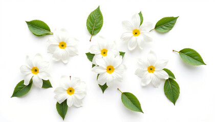 Obraz premium Beautiful arrangement of white flowers with yellow centers and green leaves on a white background for copy space