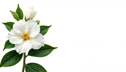 Fototapeta premium Elegant white flower with yellow center and green leaves on a clean background for copy space