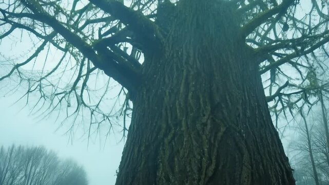 Zoom-out video reveals dewy elm tree with dew-covered spiderwebs shimmering in gentle morning breeze