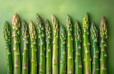 Fresh green asparagus arranged neatly on a vibrant green background showcasing the vegetable's texture and color