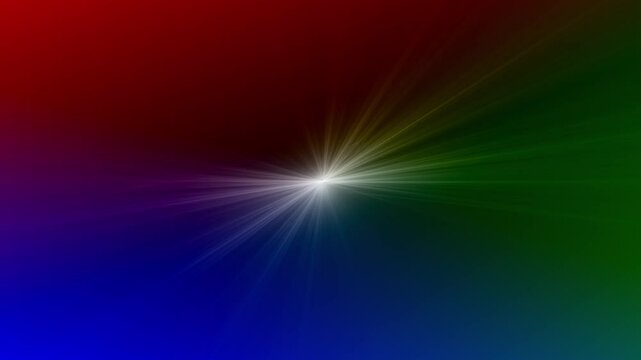 sehr heller Stern im Weltall mit Lichtstrahlen, schnelles Internet, Lichtgeschwindigkeit, Zentrum, Mittelpunkt, Energie, Universum, Technologie, Wissenschaft, Datenfluss, rot, gr&uuml;n, Blau