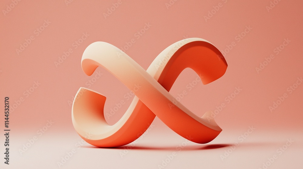 Poster abstract 3d render of a twisted, infinity symbol in coral orange on a peach background.