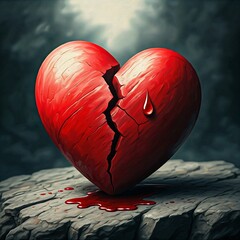 Heartbreak  A shattered red heart sits upon a rocky surface, a single tear rolling down its side.