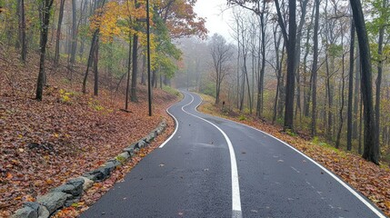 Fototapeta premium Curving road through a foggy, colorful autumn forest.