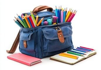 Fototapeta premium Colorful Art Supplies in a Stylish Craft Bag with Notebooks and Pens on a White Background for Creative Projects and Artistic Expressions