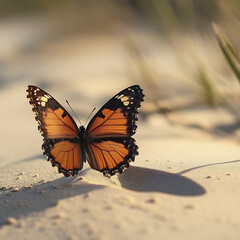 Obraz premium A Captivating Monarch Butterfly Fluttering Gracefully Over Sandy Dunes Under Warm Sunlight, Capturing the Beauty of Nature and Wildlife Focused on Serenity