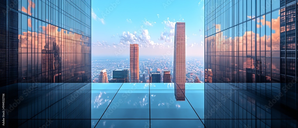 Poster modern skyscraper cityscape reflected in urban glass architecture at sunset : generative ai