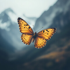 Obraz premium A Vibrant Butterfly Fluttering Above Majestic Mountain Ranges, Capturing the Essence of Nature's Beauty and Freedom in a Serene Landscape