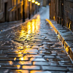 Rainy Evening on Cobblestone Streets with Reflections and Street Lights