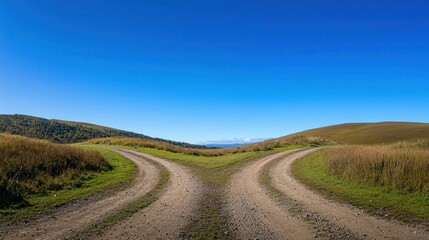 Fototapeta premium A crossroad in a rural landscape, with two diverging dirt paths leading in different directions under a clear blue sky.