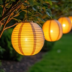Fototapeta premium Warm Glowing Lanterns Illuminating a Row in a Tranquil Garden Setting