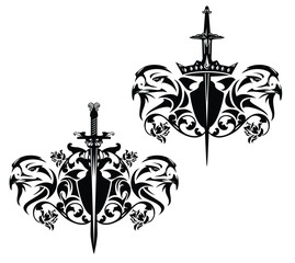 eagle bird heads with heraldic shield, king crown, knight sword and rose flowers - royal coat of arms black and white vector design set