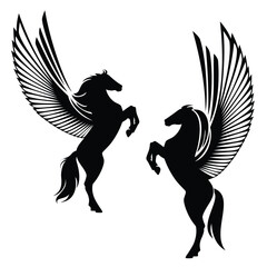 mythical pegasus rearing up - side view winged horse black and white vector silhouette outline design set