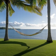 Serene Hammock Strung Between Two Palm Trees Overlooking Calm Blue Waters