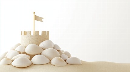 Elegant Sandcastle Decorated with Shells and Flag for a Beach Themed Photography