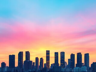 Fototapeta premium A stunning skyline silhouetted against a vibrant sunset, showcasing modern buildings and colorful clouds in the evening sky.