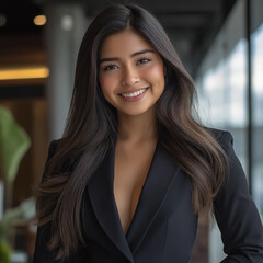 Fototapeta premium A smiling, beautiful, and charming brunette woman in a classic black suit stands at the office entrance, gazing into the camera.