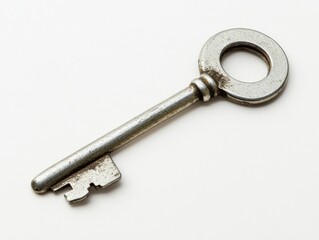 close up of an old metal key on a white background
