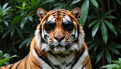 Fototapeta premium Stylish tiger wearing sunglasses in lush green habitat, copy space, trendy animal photography
