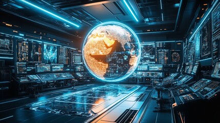 Advanced technology control room featuring a luminous Earth hologram, surrounded by high-tech screens and equipment, illustrating futuristic global data analysis.. AI Generation