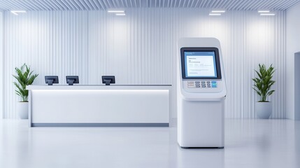 Modern Self-Service Kiosk in Bright Lobby Space with Reception Counter and Lush Green Plants
