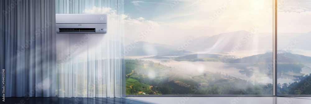 Aufkleber air conditioner mounted on wall near an open window with a beautiful view of mountains and clouds. g