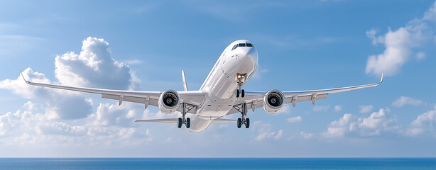 Naklejka premium View through under coconut trees green leaves ,Extreme Close-up of a commercial passenger aircraft flying over the beach, jet, blue sky white clouds,vacation ,business travel, transportation,tropical