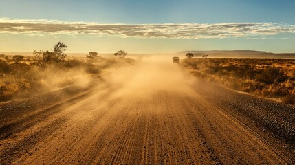 Obraz premium A dusty road in the middle of a desert, with a thick cloud of dust swirling in the air and a distant silhouette of a vehicle