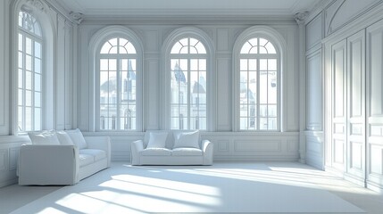Fototapeta premium Bright interior with arched windows and white furniture in daylight. Classic elegant living concept