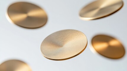 golden discs float against a white background