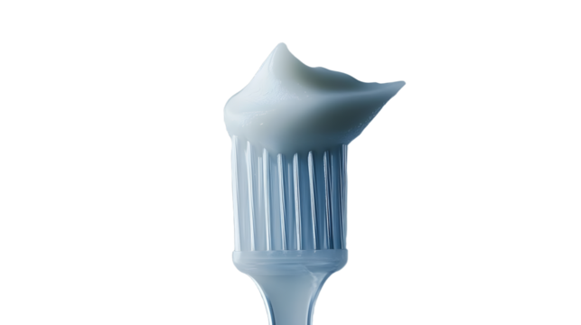 Small amount of toothpaste neatly applied on a transparent toothbrush, isolated against a plain white backdrop, focusing on freshness. - Powered by Adobe