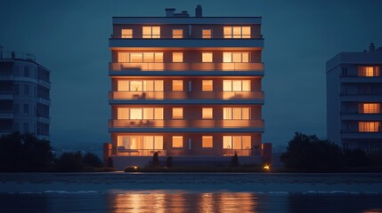 Brightly lit apartment building with visible interiors at night by waterfront. residential concept