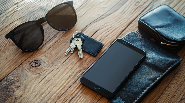 A set of essential items for daily living: a smartphone, a wallet, a pair of sunglasses, and a set of keys on a wooden table