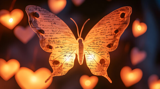 A glowing butterfly with handwritten text, surrounded by heart-shaped lights, creating a whimsical and romantic atmosphere.