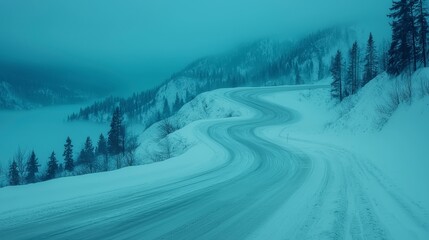 Winding Snowy Mountain Road  Winter Wonderland Landscape Photography