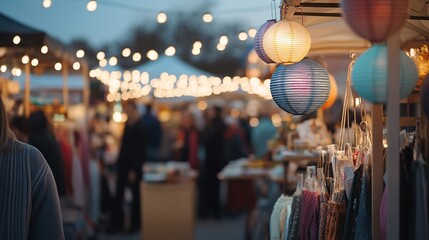 Vibrant Evening Market Illuminated by Lanterns