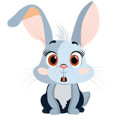 A cute cartoon rabbit with big ears and expressive eyes is depicted in a surprised pose. This vector image is perfect for children's projects, greeting cards and other works.