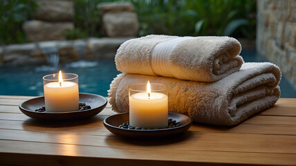 serene spa setting with folded towels, aromatic candles, and a tranquil water feature