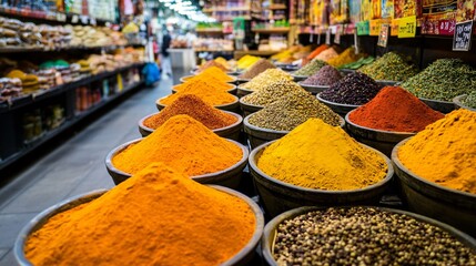 Colorful Spice Stalls in a Vibrant Market Scene