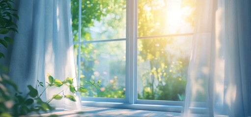 Soft sunlight filters through sheer curtains illuminating a lush garden in the early morning