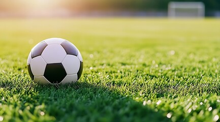 Fototapeta premium Soccer Ball in Focus Resting on Lush Grass Under Bright Sunlight : Generative AI