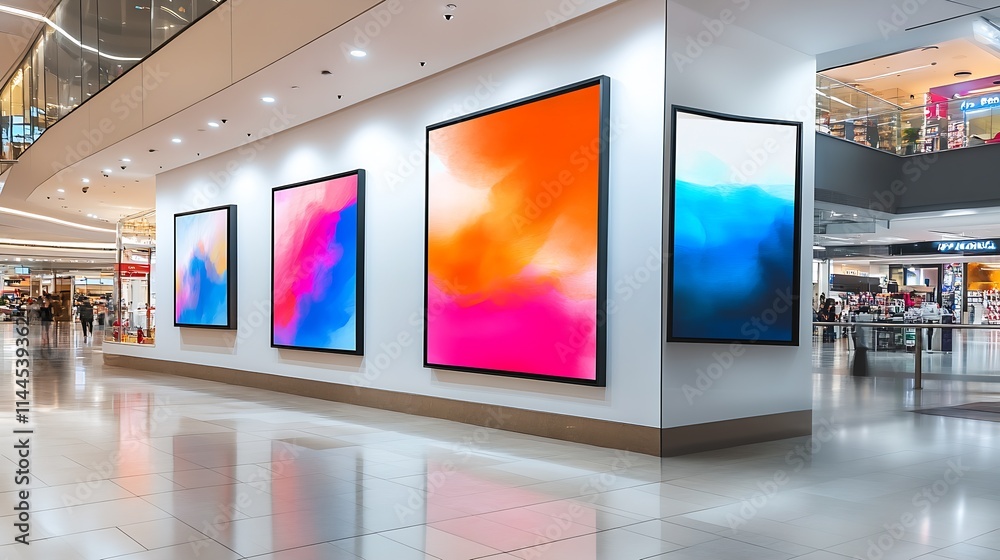 Poster abstract colorful artworks in expansive modern shopping gallery : generative ai