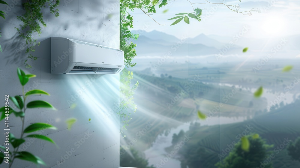 Poster air conditioner mounted on wall with open window overlooking a scenic landscape and gentle breeze. g