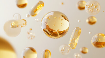 Capsules with oil, gold round and oval pills and filler bubbles isolated on transparent backdrop. Cosmetics, vitamin, omega 3, antibiotic gel, serum droplets, collagen essence, realistic 3d vector set